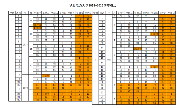 华北电力大学2019学年校历安排