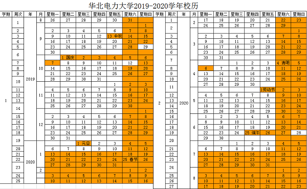 华北电力大学2019学年校历安排