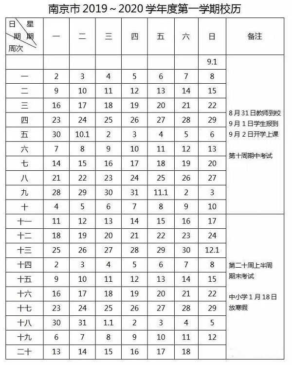 2019-2020学年江苏小学校历