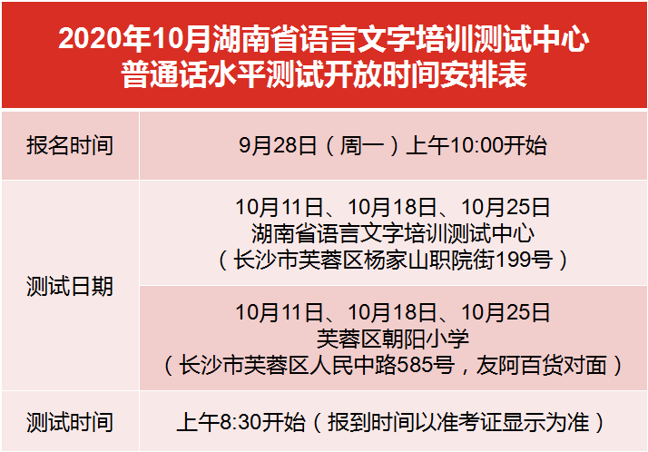 湖南2020年10月普通话测试时间
