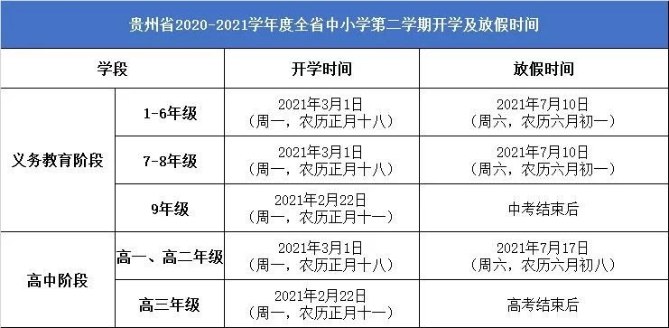 贵州2021年小学生什么时候放暑假