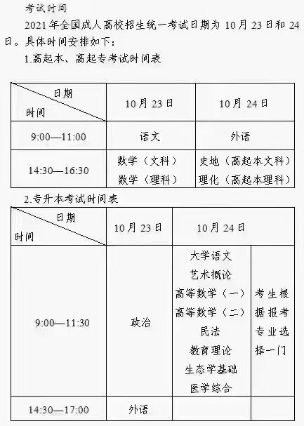 2021成人高考考试时间安排 各科几点开考