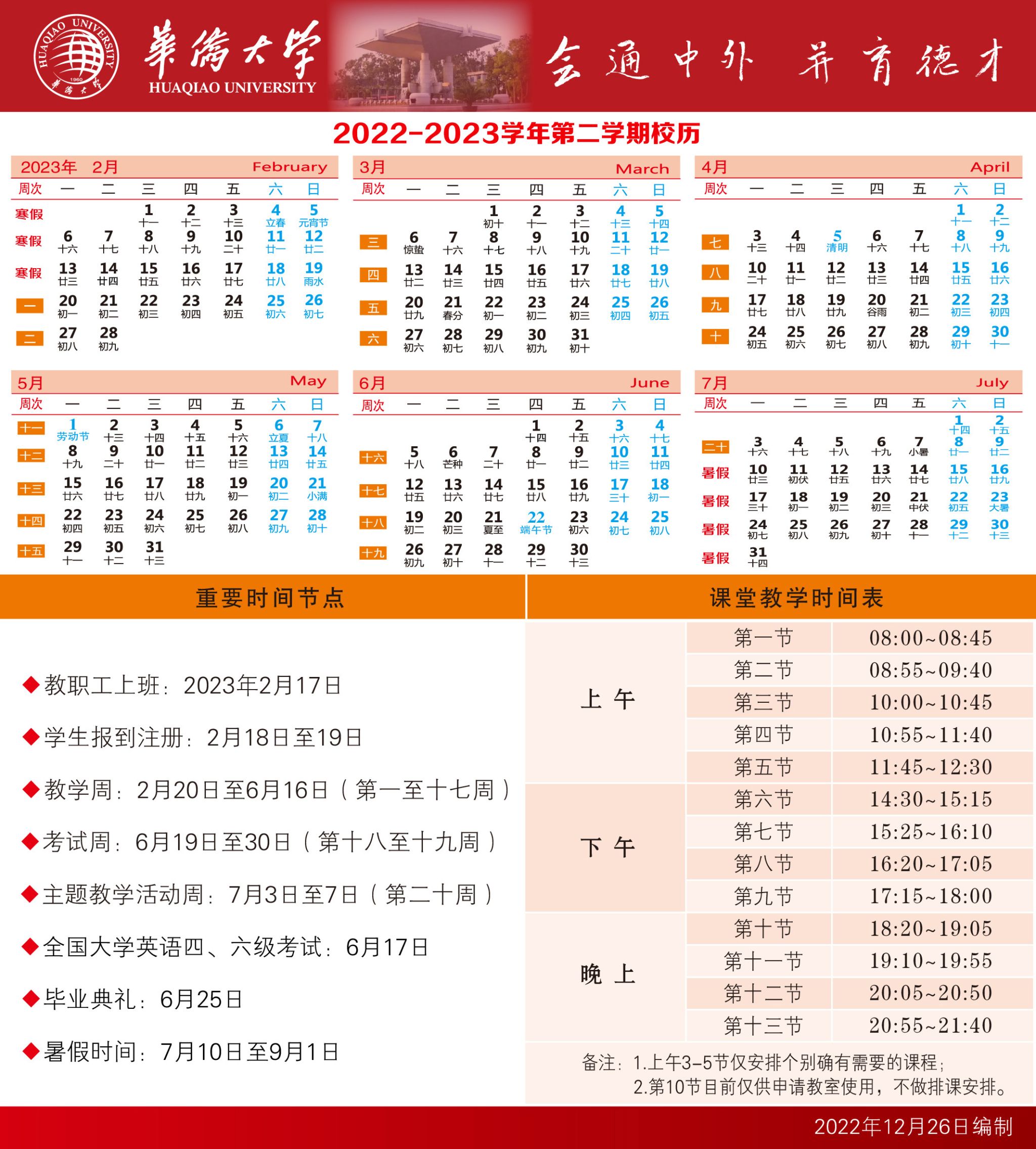 2023华侨大学暑假放假时间安排 几月几号开学