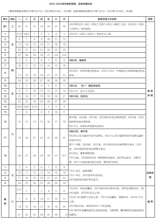 2023中国政法大学暑假放假时间安排 几月几号开学