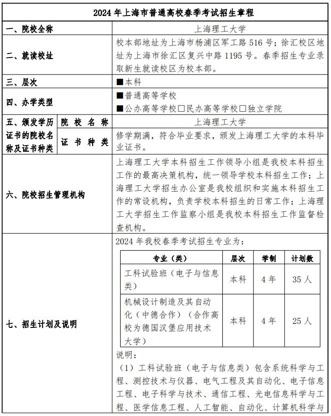 2024年上海理工大学春季高考招生简章