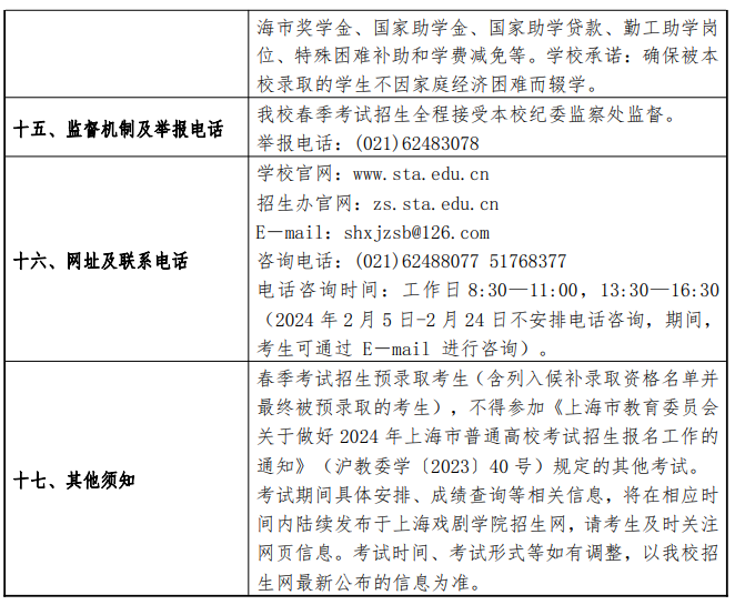 2024年上海戏剧学院春季高考招生简章