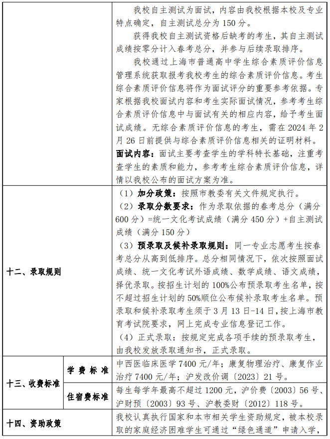 2024年上海中医药大学春季高考招生简章