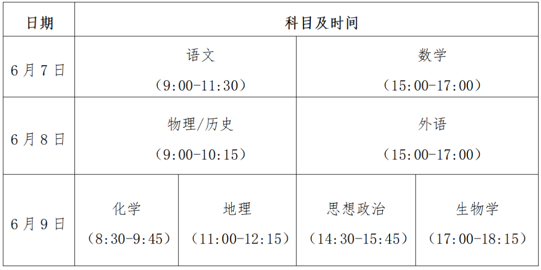 2024贵州省高考时间 各科目考试安排