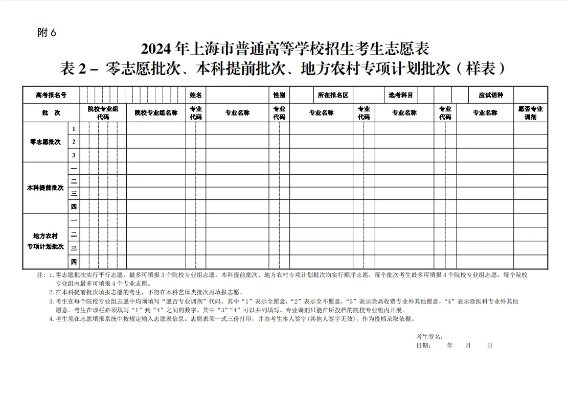 2024新高考志愿表填写样本 具体是什么样的