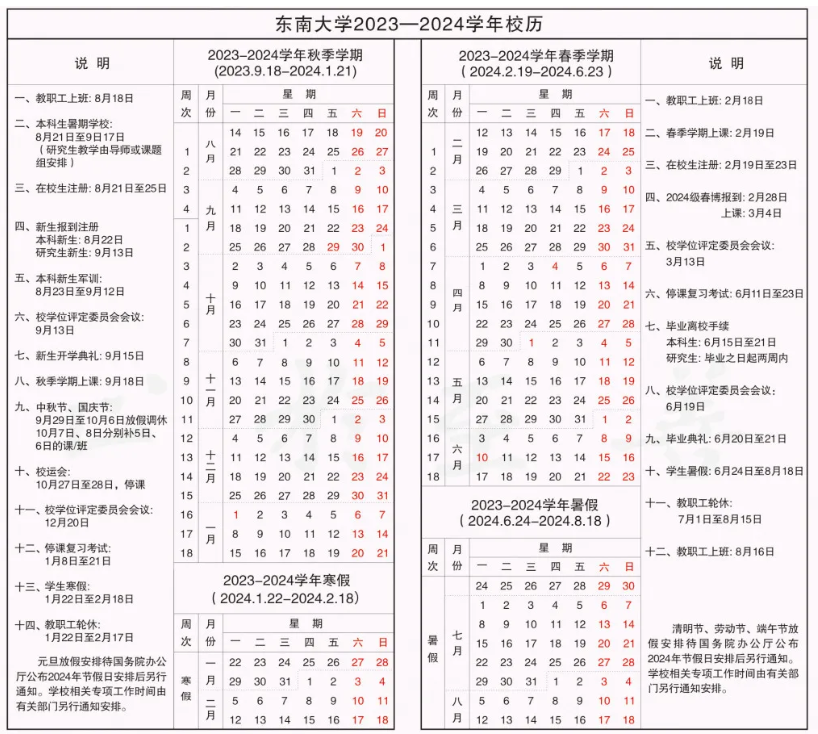 2024东南大学暑假放假及开学时间安排 具体几月几号