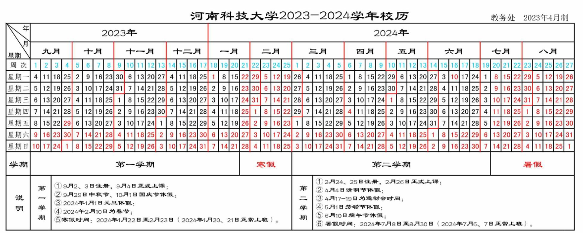 2024河南科技大学暑假放假及开学时间安排 具体几月几号	