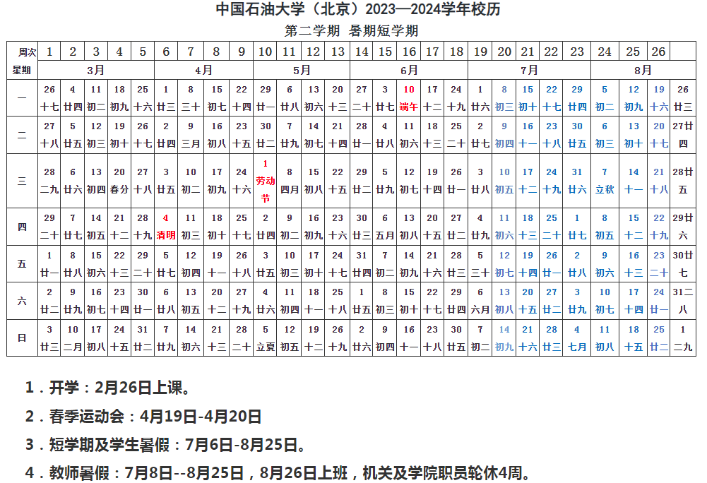 2024中国石油大学（北京）暑假放假及开学时间安排 具体几月几号	