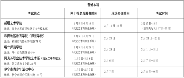 新疆艺术学院2018年艺术类专业考试时间安排及地点